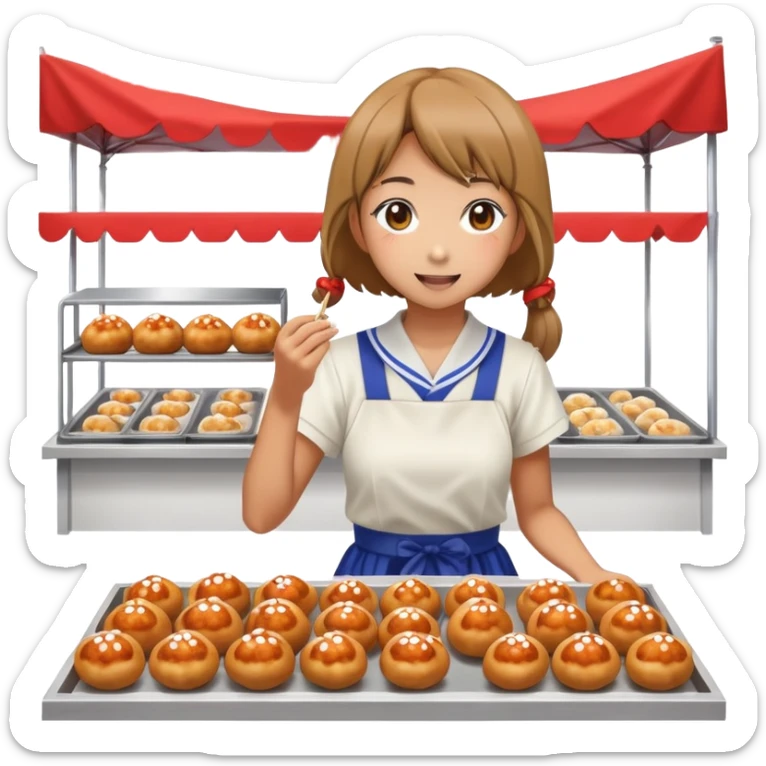 Japanese high school girl at cultural festival running food stall with takoyaki sticker
