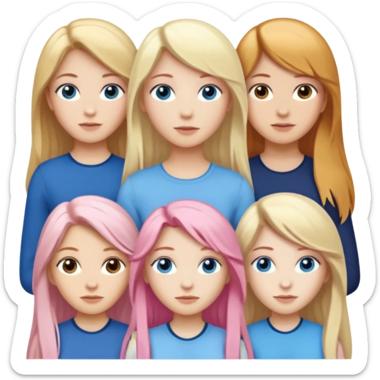 Girlfriend emoji - include 1 white girl with long light pink hair and blue eyes, 1 white girl with brown eyes and medium honey blonde hair, and 2 white girls with brown eyes and long dark brown hair, 1 white girl with blue eyes and light blonde hair,  sticker