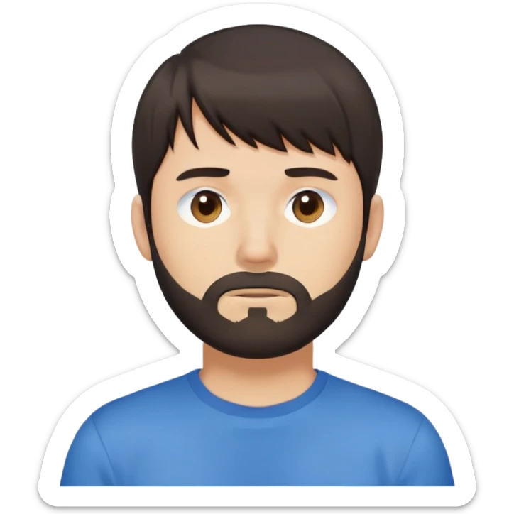 Man with dark brown straight hair and bangs, short beard covering whole face, neutral expression, basic blue t-shirt sticker