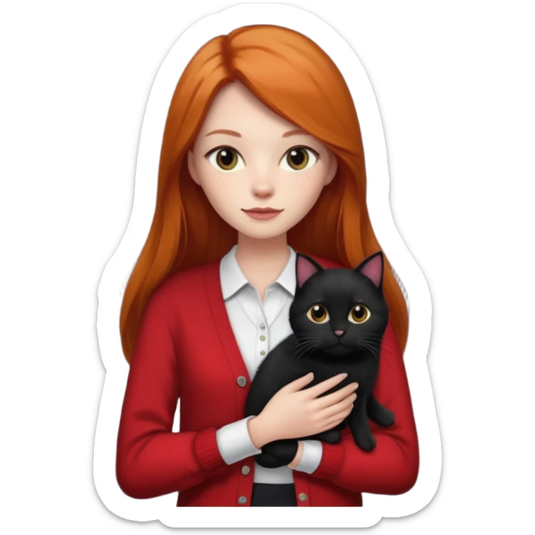 Ginger long straight hair with a red cardigan holding a  1 black cat with a white shirt under the red cardigan sticker
