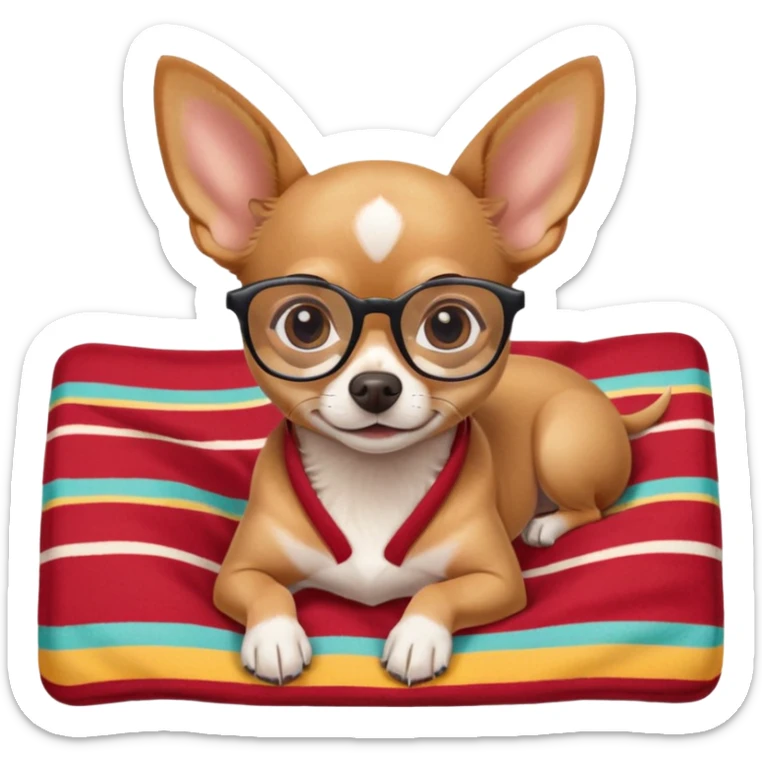 a cute chihuahua lies on a summer blanket wearing cute glasses sticker