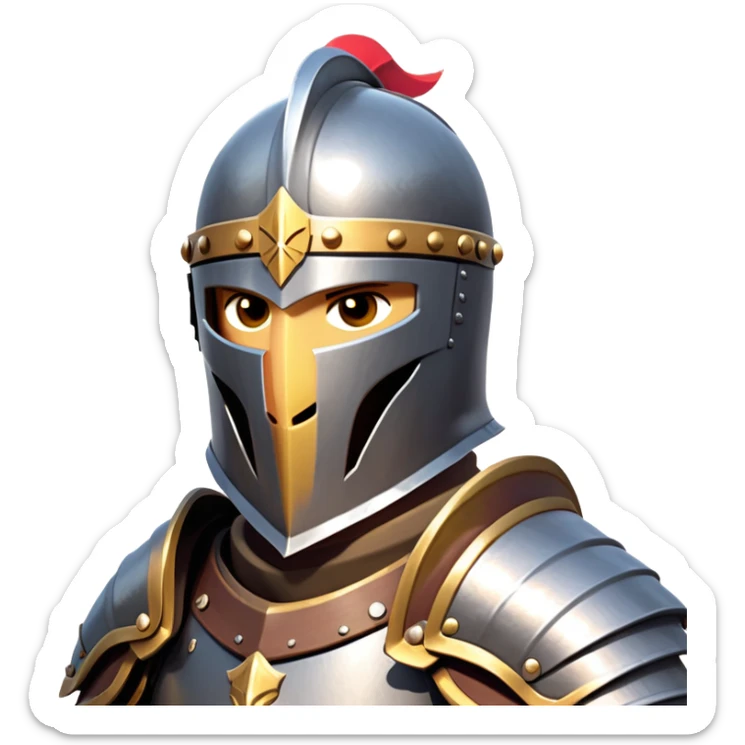 clash-of-clans-aesthetic_-cinematic-fearsome-and-majestic-knight-bust-portrait-emoji, rendered in a flat, vector-style with minimal shading and bold, simplified shapes, depicting a battle-ready medieval knight with steely eyes and intricate armor, mounted on a warhorse reflecting sunlight over a misty battlefield. sticker