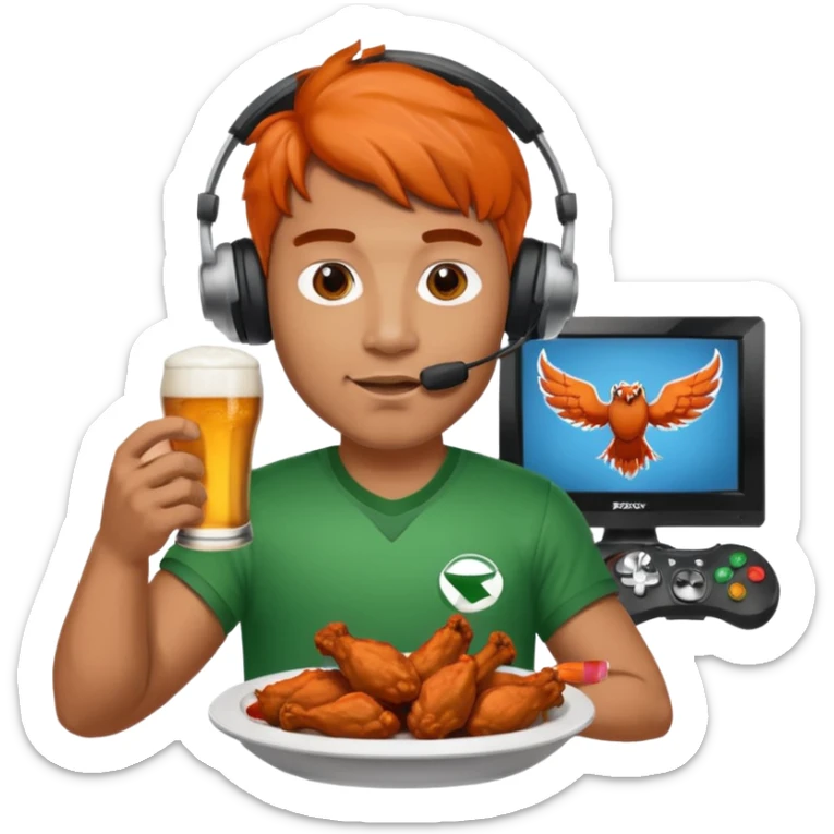 Football and tv and buffalo wings and beer and Xbox and a man with headset sticker