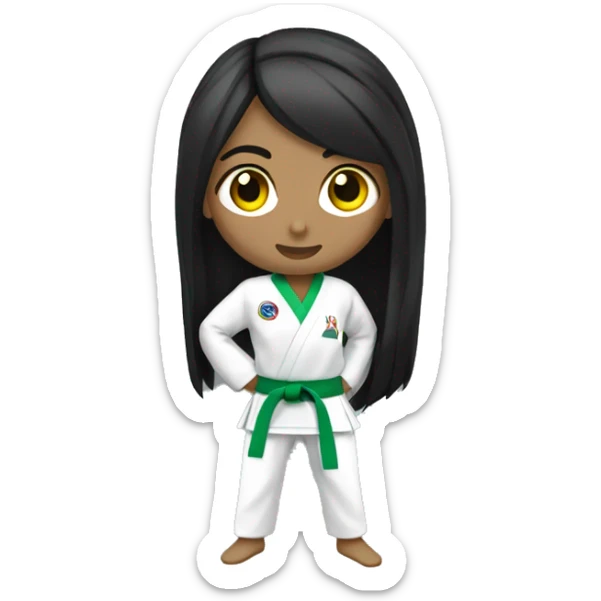full body taekwondo girl with all white gi light green belt long black hair light dark skin sticker