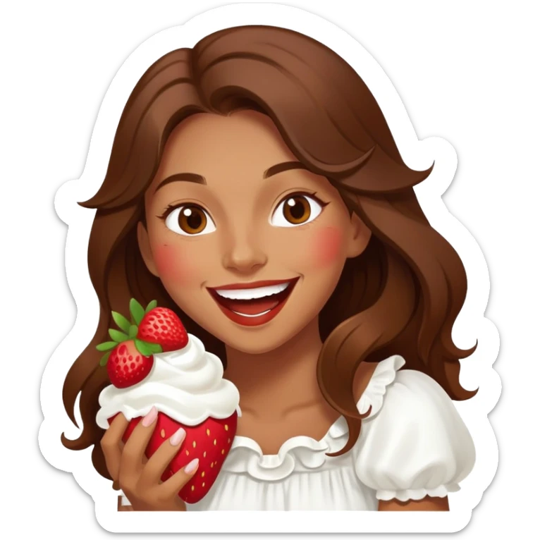 Girl with long brown hair eating strawberries and whipped cream, laughing elegant  sticker