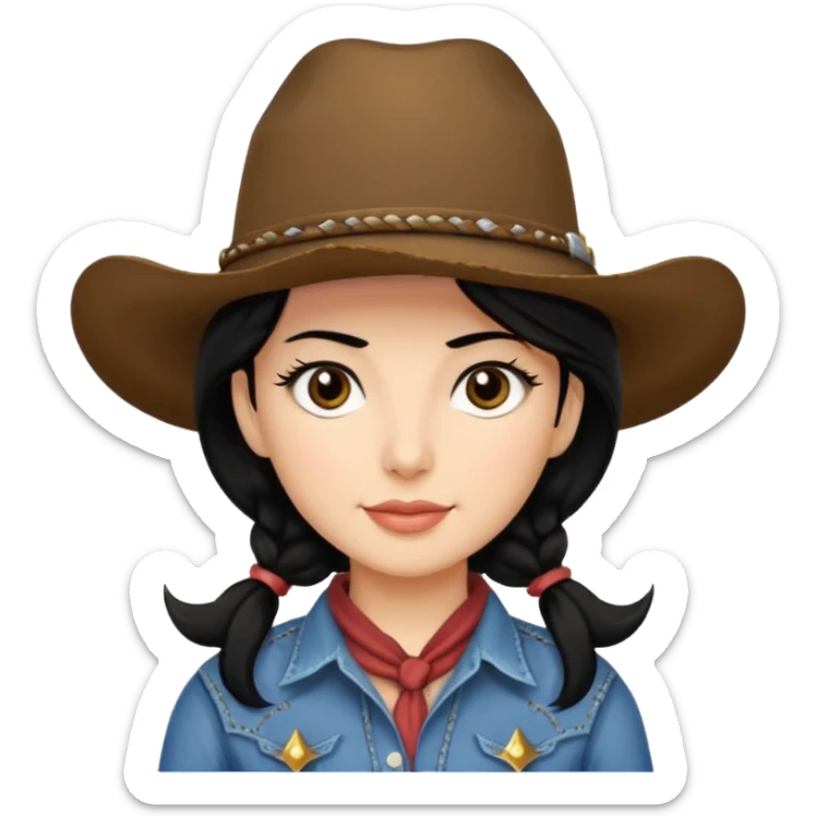cowgirl emoji black hair long open, darb brown eyes sticker