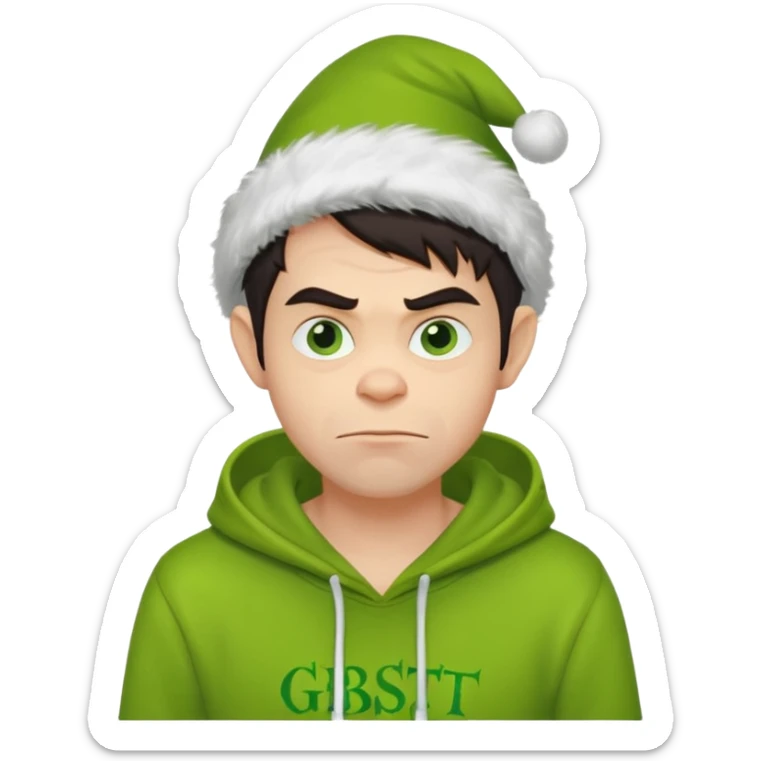 Create an avatar of white European with dark hair  male in hoodie with ``BST`` letters on it. Make background to look like from movie Grinch sticker