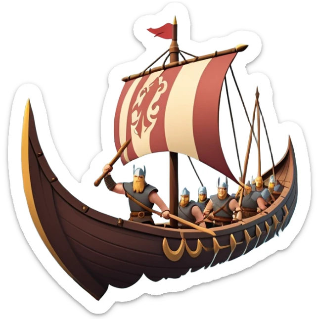 clash-of-clans-aesthetic_-cinematic-viking-longboat, rendered in a flat, bold vector style with minimal shading, featuring a striking dragon-headed prow slicing through waters. shields on the side and vikings rowing The longboat’s, the boat has carved motifs evoke a sense of epic adventure and Nordic might, with billowing sails catching a dramatic, stormy sky backdrop. sticker