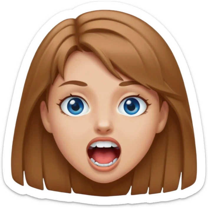 Normal doll like girl with light brown hair and blue eyes with mouth open a little bit showing fangs shes pale but still ttan  sticker