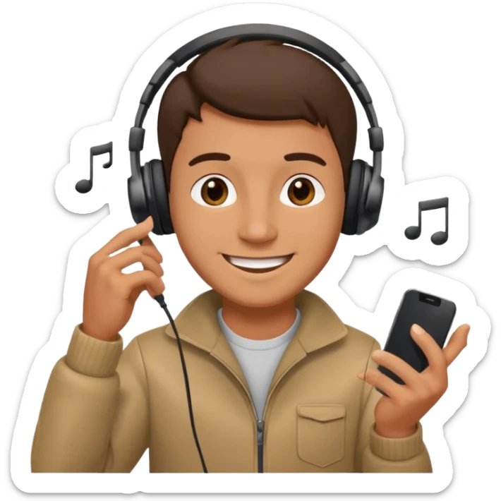 guy listening to music with earphone and phone in hand sticker