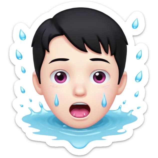 Boy with black hair, pink eyes rolled back, mouth open , water dripping from chin sticker