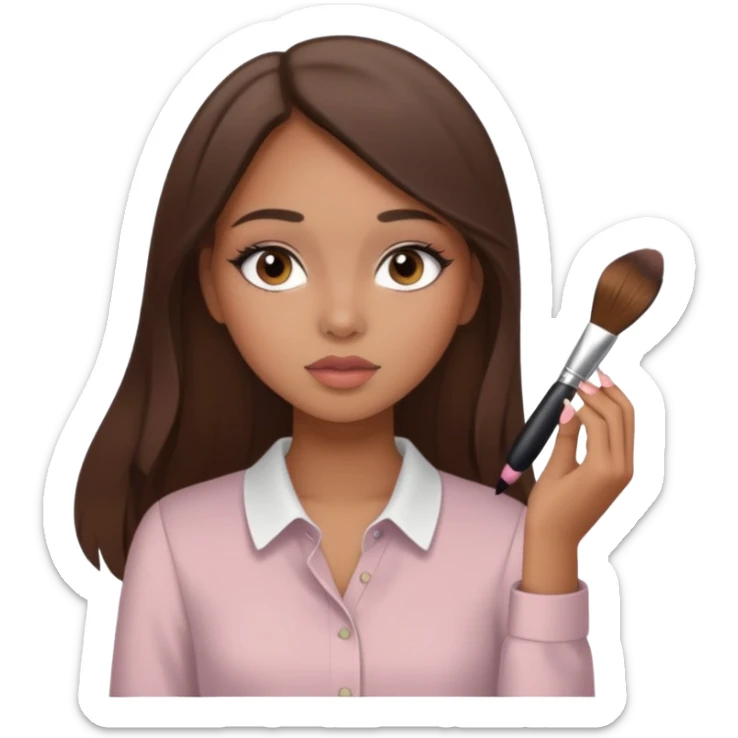 Draw a mixed-race girl applying makeup, wearing a clean girl blouse and with straight brown hair far away  sticker