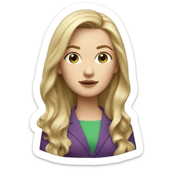 memoji of a white female in green suit, long blond hair, head tilted on one side slightly sticker