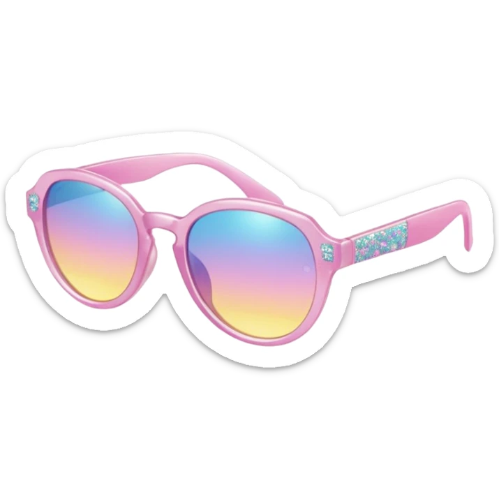 A colorful pair of shiny glossy smooth soft sparkly glittery sunny Pastel sunglasses (aesthetic, loose object, apparel), seen from the side, 3/4 angle sticker