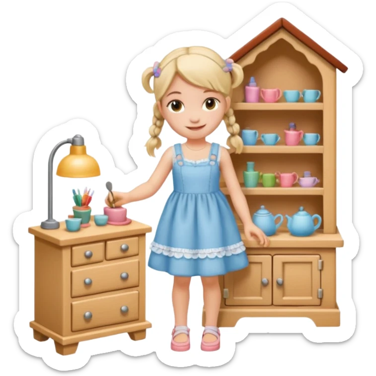 smiling girl arranging furniture in doll house sticker