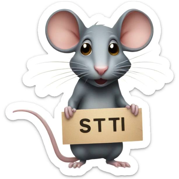 The rat, with its head turned to the right, holds a sign with the inscription sticker