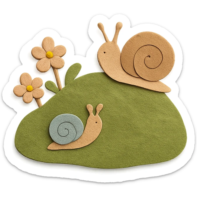 mossy rock with snails and small flowers in earthy pastel colors, paper-craft style sticker