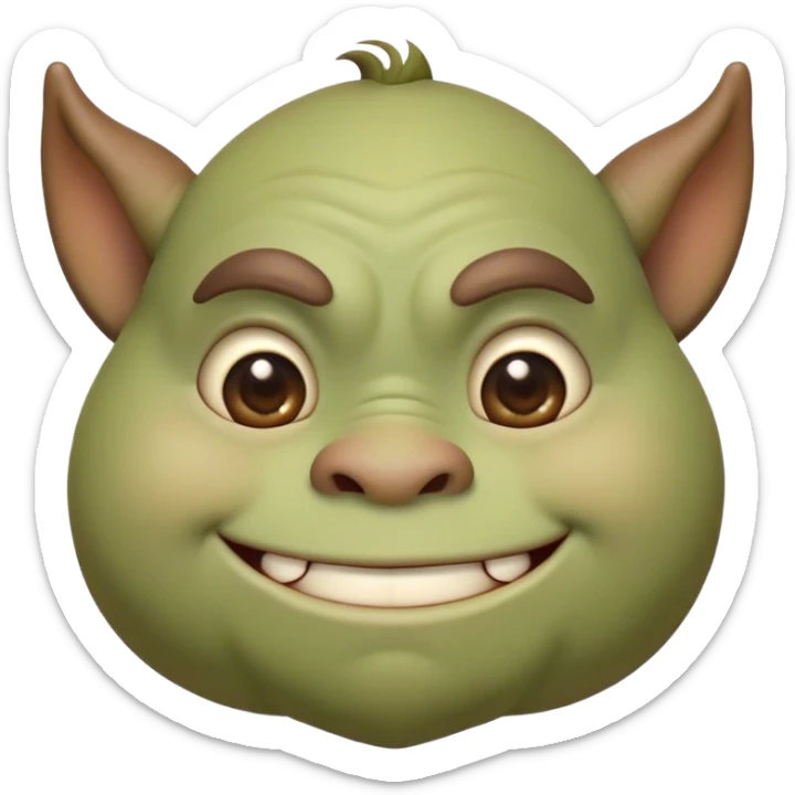 Cinematic Cute Ogre Portrait Emoji, with a surprisingly endearing, plump and huggable figure in soft earthy greens and browns, featuring big, kind eyes and a bashful smile, simplified yet irresistibly adorable, highly detailed with a soft glowing outline that captures the charm of a friendly giant who seems ready for a warm hug! sticker