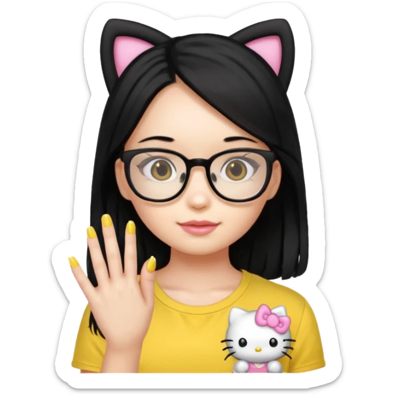 Nails cute with hello kitty wear glasses black long  hair wear, yellow shirt sticker