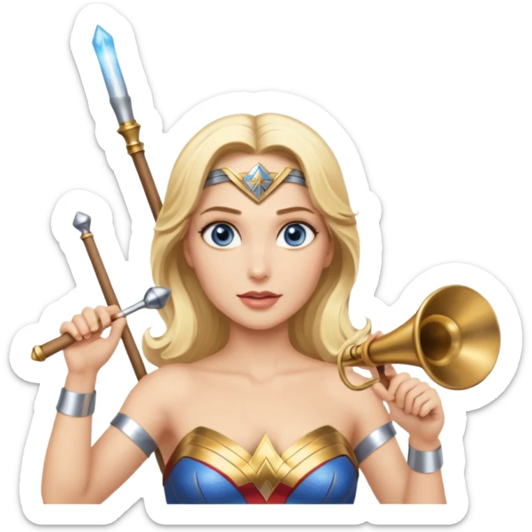 Blonde blue eyed Wonder Woman holding white orchestra conductor’s baton and bell sticker