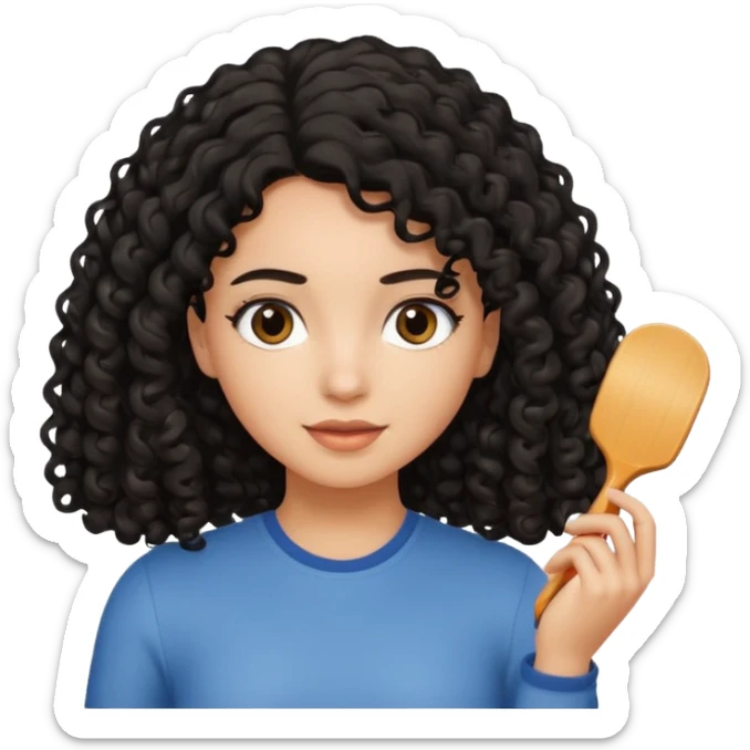 A girl with black curly hair, straightening her hair sticker