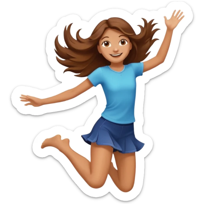 Girl with long brown hair happy jumping in the air with sunbeams in the background  sticker
