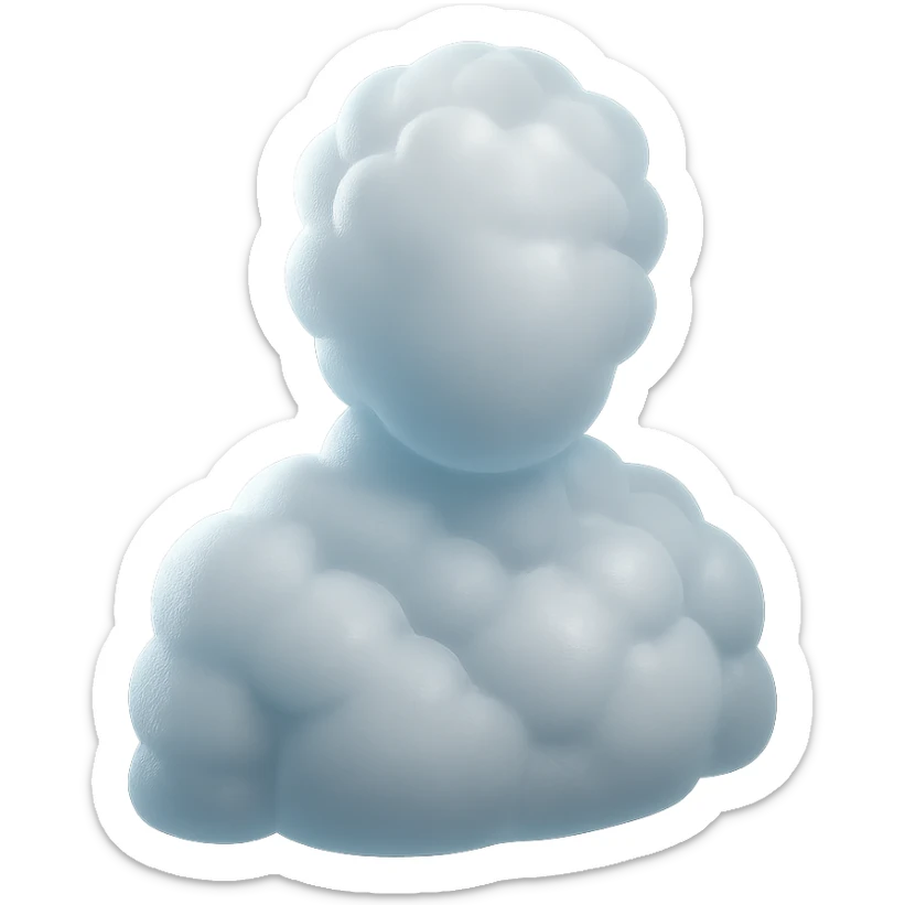 person made entirely of white fluffy convex clouds, shoulders up, front view, matte glass style sticker