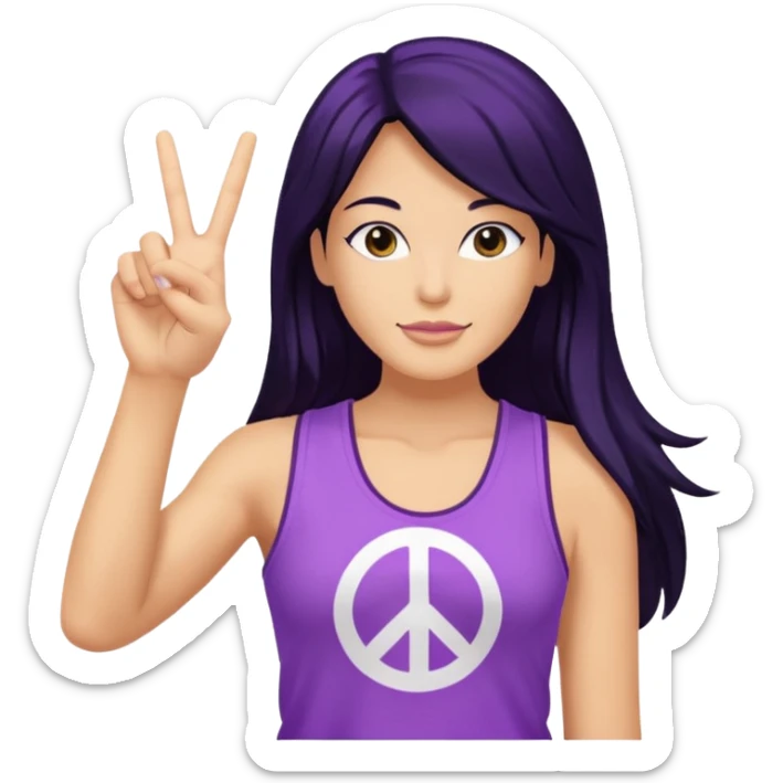 white woman in y2k purple tank top, long black hair, making a peace sign sticker