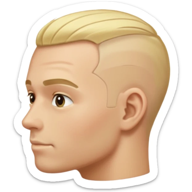 Male, no glasses, blonde hair, right side of hair shaved with a machine. sticker