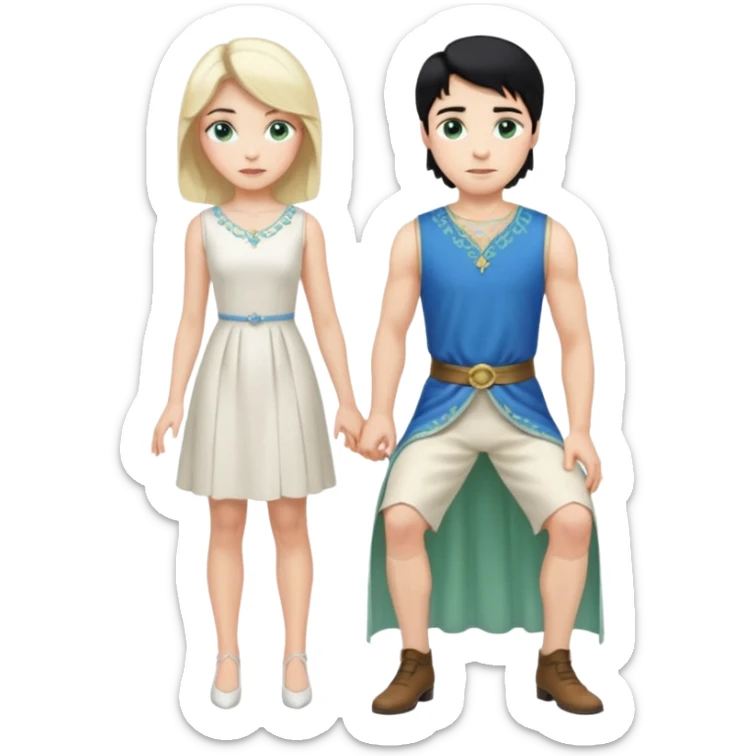 prince, standing upright, black Hair, blue eyes, garment, and woman, bending knee, sleveless white dress, blonde hair, green eyes, sticker