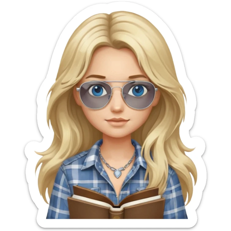 girl with long blond messy hair wearing grey plaid shirt with blue eyes and aviator sunglasses wearing a ring on her silver necklace, holding law books sticker