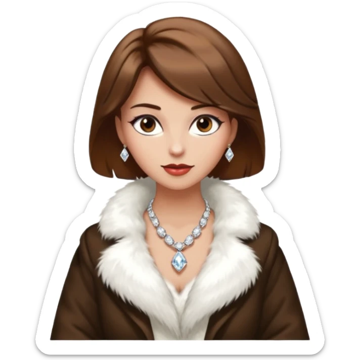 * Character: A stylish lady,brown hair
* ﻿﻿Clothing: A luxurious white fur coat
* ﻿﻿Accessories: A dazzling diamond necklace
* ﻿﻿Expression: Confident, elegant, maybe slightly glamorous
* ﻿﻿Pose: Head slightly tilted or a poised posture
* ﻿﻿Style: Emoji-like, simple but expressive sticker