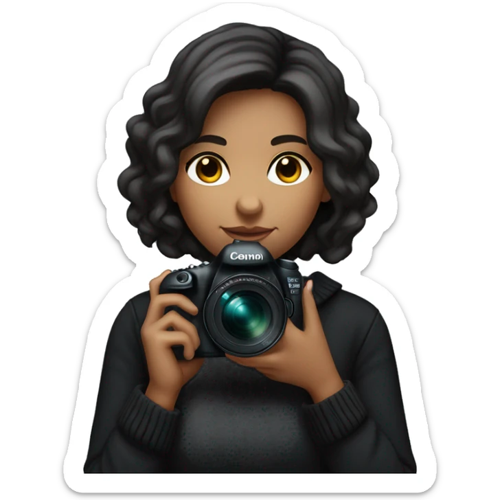 Female photographer with short, dark hair, wearing a black sweater, holding a Canon 5D Mark IV camera with an 85mm lens. She has a calm, focused expression and is looking straight ahead, showcasing a professional yet relaxed passion for photography. sticker