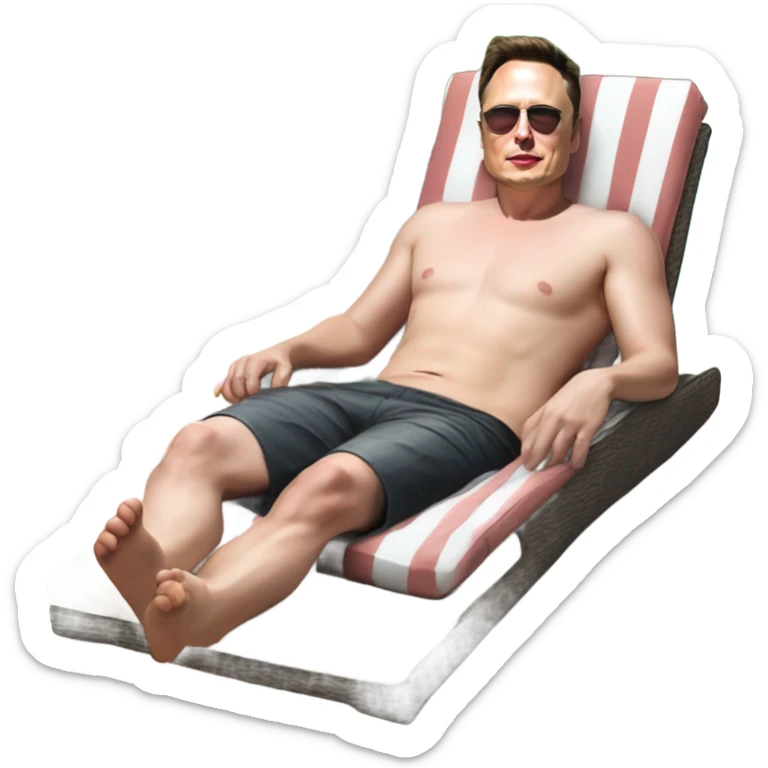 Photorealistic Elon Musk at the beach lounging by the pool suntanning with 40 half eaten hamburgers sticker
