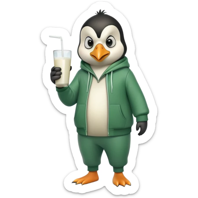 full body portrait of a friendly anthropomorphised penguin wearing a green mafia-style tracksuit, angry, intense brooding posture, holding a glass of milk sticker