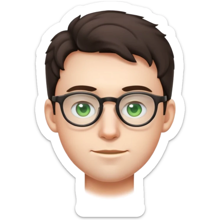 young male emoji with youthful face, poofier slightly curly dark hair, big ears, pale skin, glasses, green eyes, very light stubble sticker