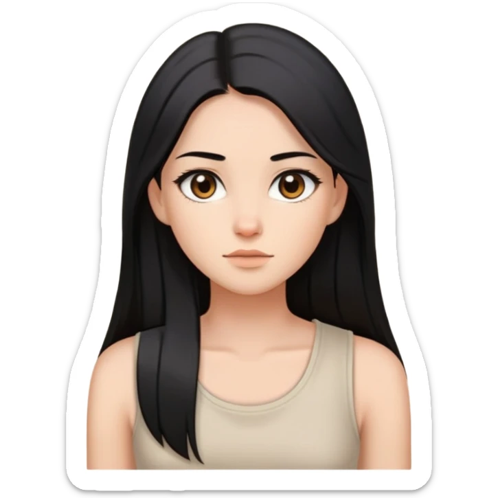 Female with straight long black hair parted in middle, beige skin, big brown eyes, natural makeup, white sleeveless top sticker