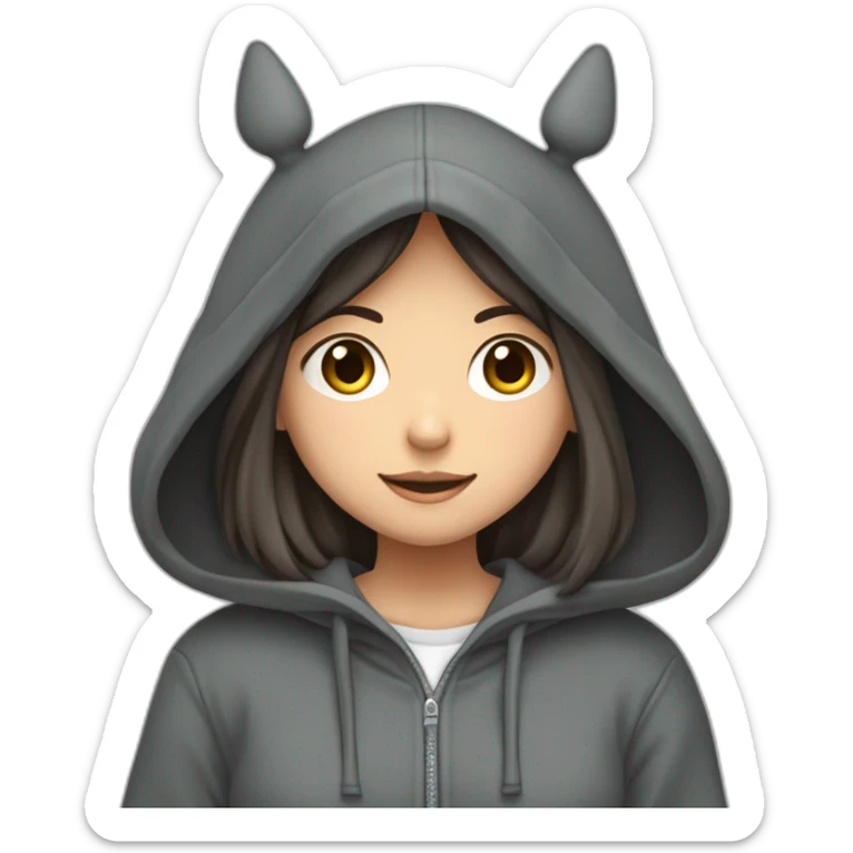 Fille Brune avec un sweat-capuche Totoro gris foncé avec les rond clair de Totoro sur ventre  sticker