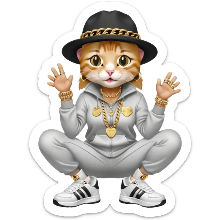 female cat wearing Run DMC hip-hop outfit with tracksuit, fedora, Adidas sneakers, many gold chains, rings, bracelets, flashy earrings, laughing and looking up, no sunglasses sticker