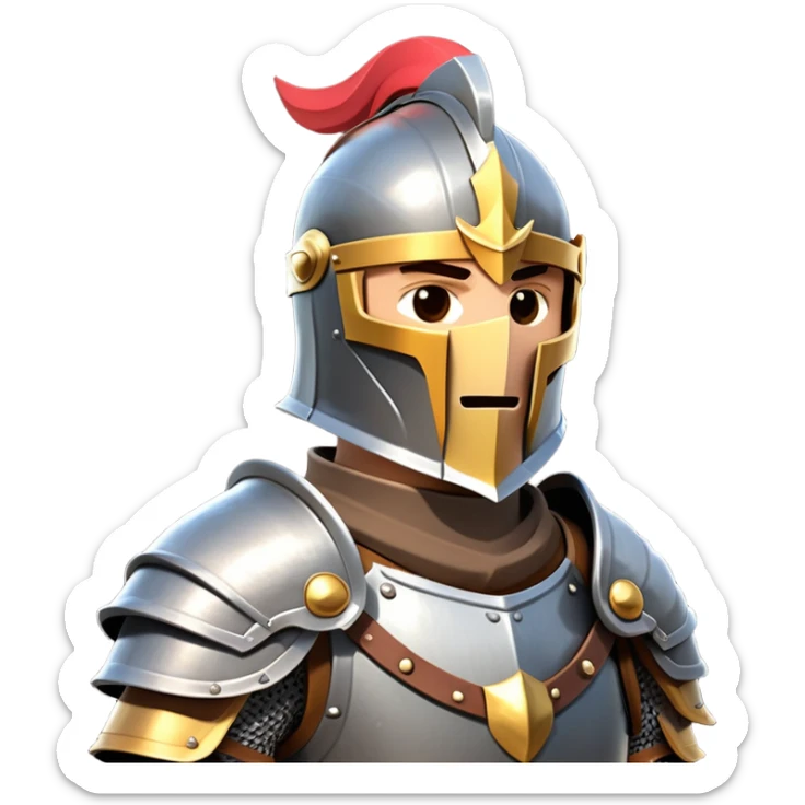 clash-of-clans-aesthetic_-cinematic-fearsome-and-majestic-knight-bust-portrait-emoji, rendered in a flat, vector-style with minimal shading and bold, simplified shapes typical of emoji art, depicting a battle-ready medieval knight standing, mounted on a heavily armored warhorse with plated barding gleaming in the sunlight. sticker