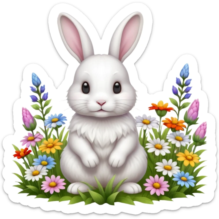 A fluffy white rabbit sitting in a meadow full of colorful flowers, ultra-realistic, high detail, soft morning light sticker