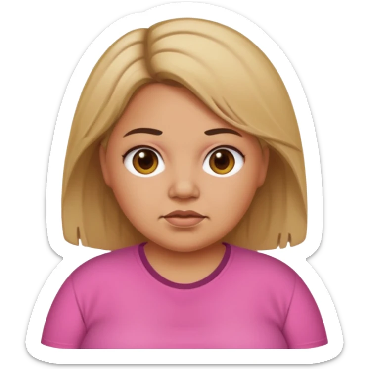 Tan skin color kind of fat woman with dirty blond hair brown roots and brown eyes with a pink shirt sticker