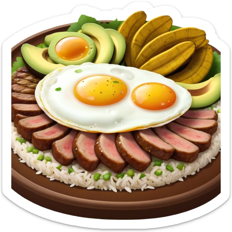 Cinematic Realistic Bandeja Paisa Dish Emoji, depicted as a hearty platter featuring beans, rice, meat, and plantains rendered with detailed textures and vibrant, robust lighting. sticker
