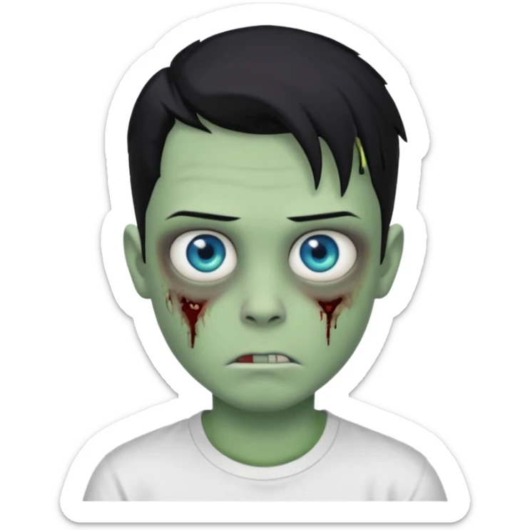 boy zombie with blue eyes and slick back middle part black hair green skin and white t shirt greasy hair more slicked back sticker