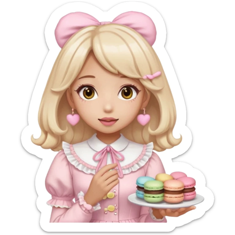 a light pink lolita hime gyaru dress with a macaron in hand, emoji style sticker
