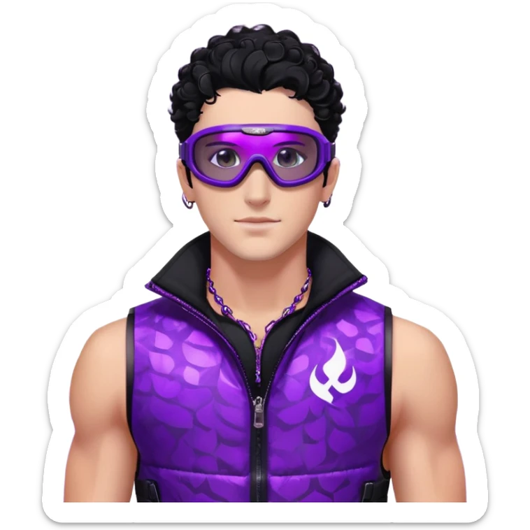 male athlete with white skin and moderately curly black hair on top with shaved sides, wearing ski goggles with purple frames and very dark black lenses, a simple plain black chain necklace, and a completely unzipped sleeveless vest with purple and black sequin fire pattern design, fully revealing his chest, shoulders and arms, no earrings sticker