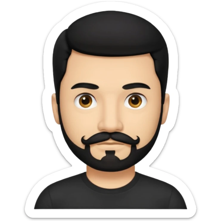 Man, hispanic skin, black hair, black beard, black mustache black eyes black t shirt sticker