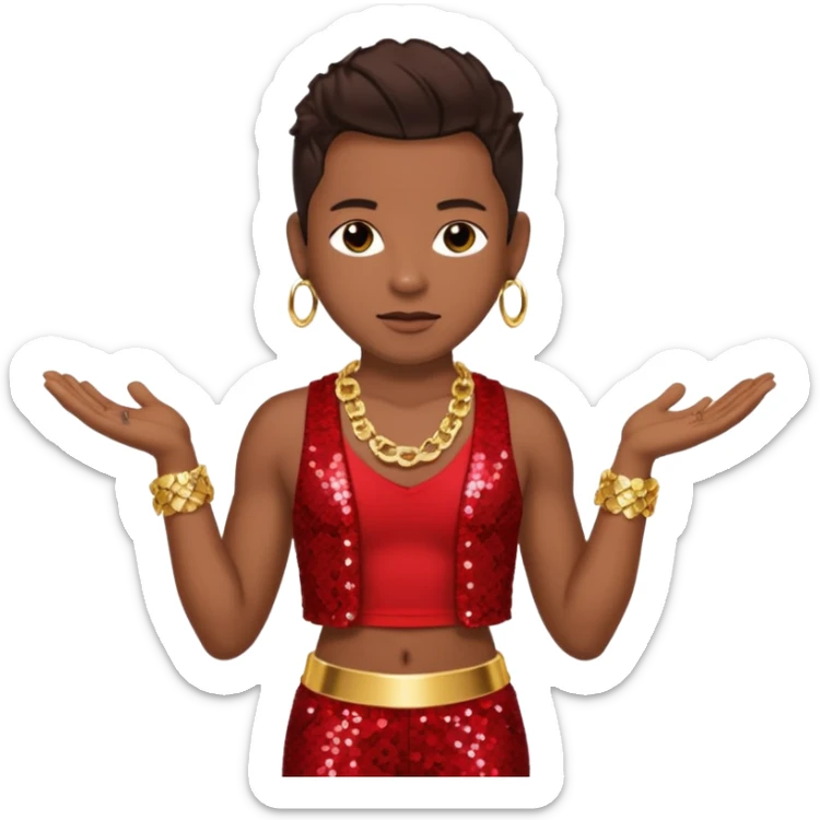 Bobby Brown with dark brown hair, red sequin bolero crop top, red sequin harem pants, shirtless with necklace sticker