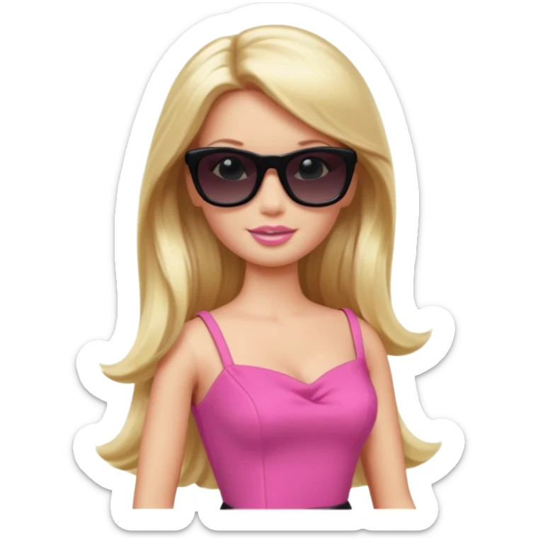 barbie with long blonde hair wear black sun glasses, pink dress sticker