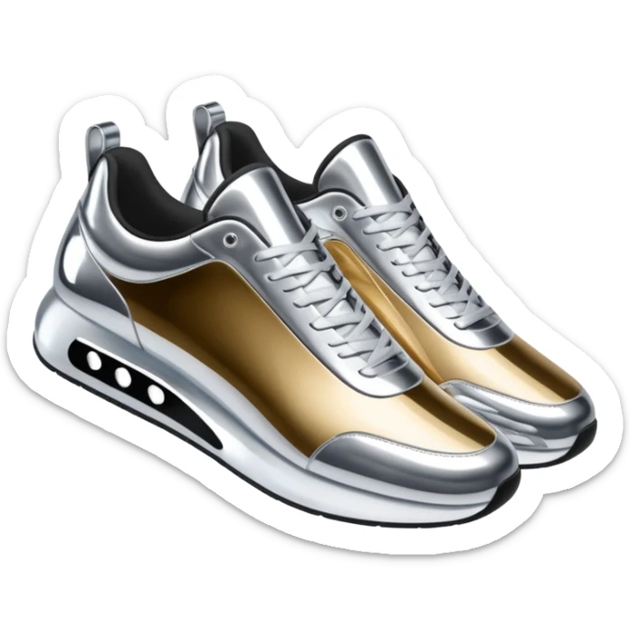 A pair of futuristic sneakers emoji made of silver chrome, sleek streetwear design, smooth metallic panels, subtle reflections, luxury swag aesthetic, iOS emoji style, centered, clean white background sticker